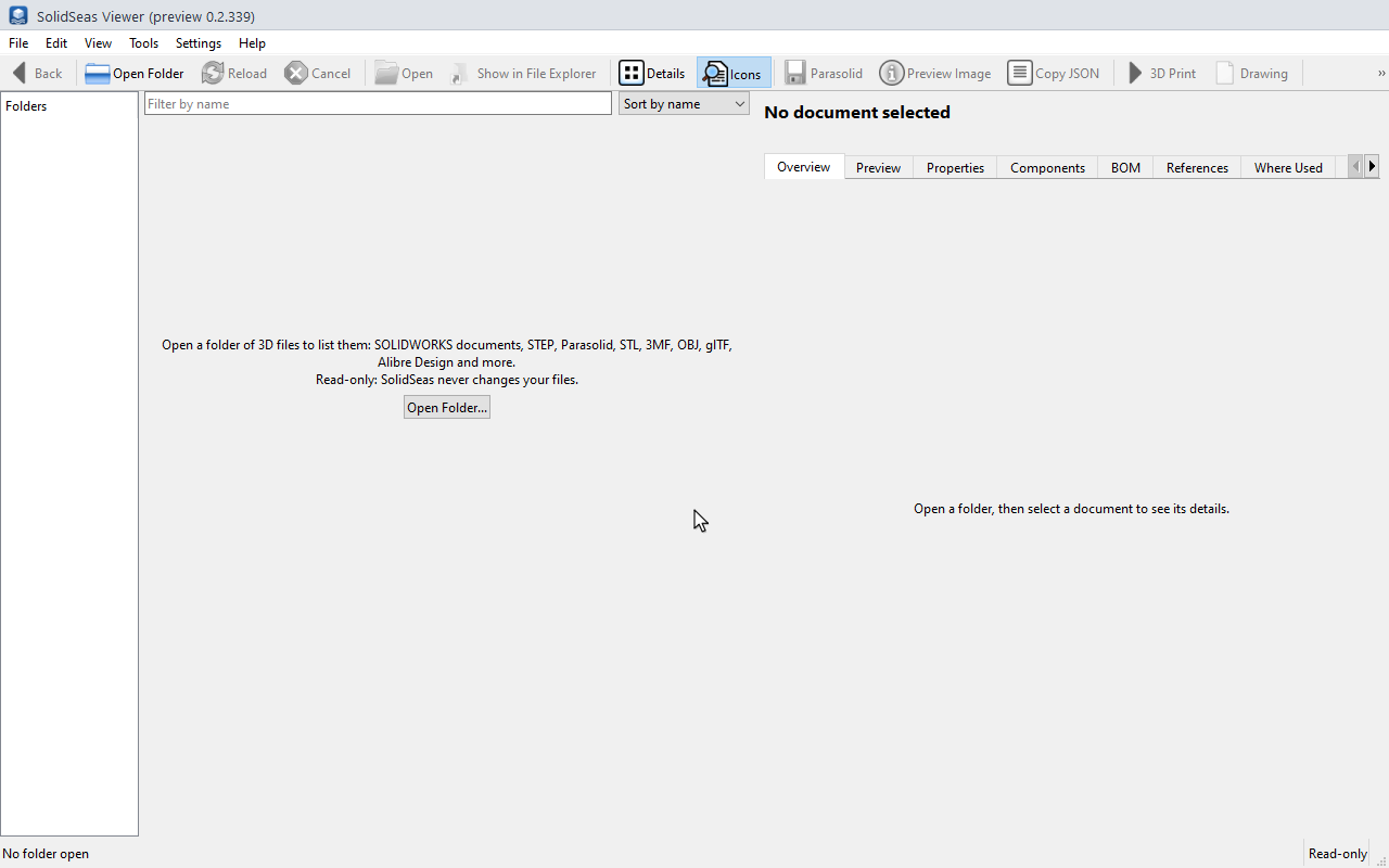A recording of the SolidSeas Viewer. A folder of test files opens and fills with thumbnails, the quick filter narrows the list to assemblies, and an assembly's Components and BOM tabs list its parts and bill of materials. The Where Used tab then shows the assemblies and drawings that use a part, and another part's Properties tab shows its part number, description and quantity.