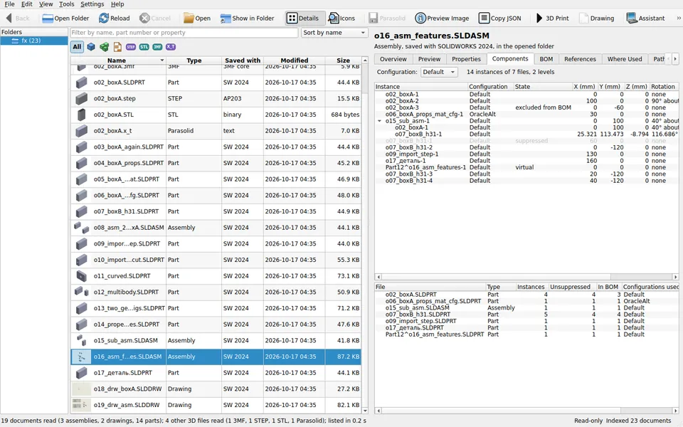 The Components tab of an assembly, a tree of instances with their configuration, state and X, Y and Z positions, above a table of the files they use.