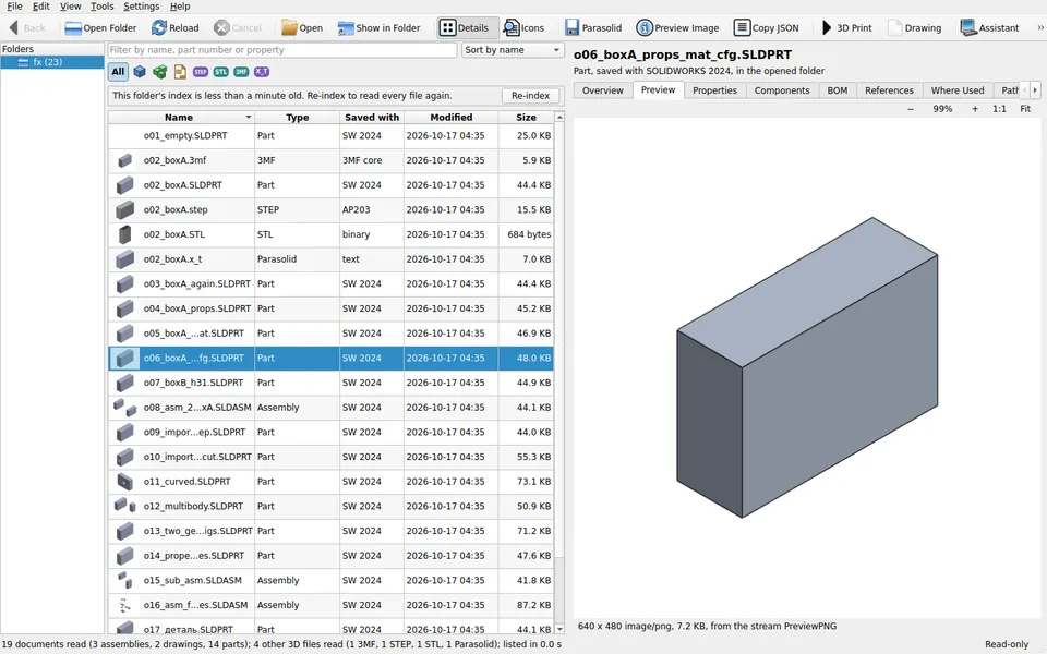 SolidSeas Viewer in details view, with a part selected and its stored preview image shown large on the Preview tab.