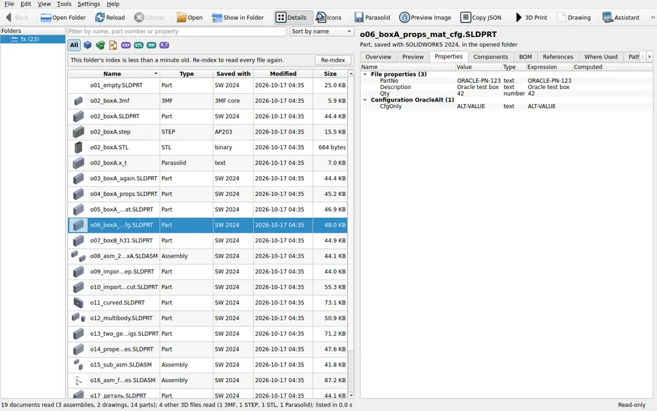 The Properties tab of a part, listing file properties such as part number, description and quantity, and a property of one configuration.
